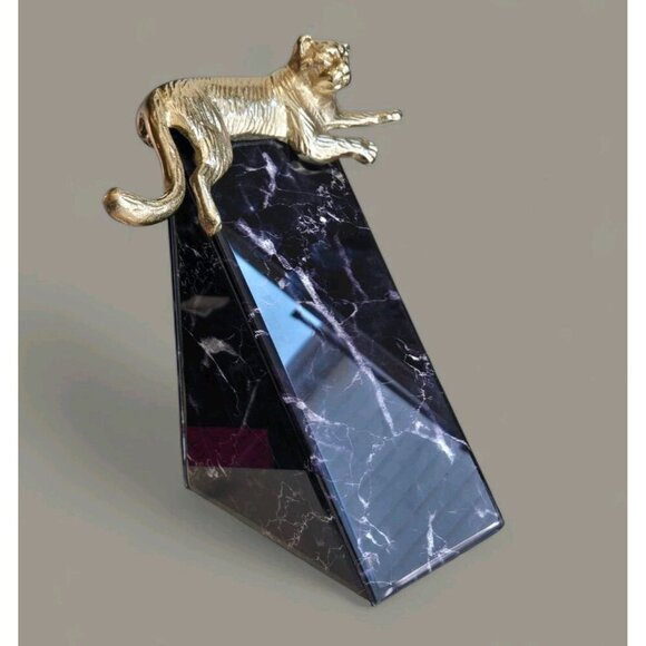 New Black & Gold MCM Art Deco Leopards Cheetahs Cats Bookend Marble Finish - Picture 1 of 4